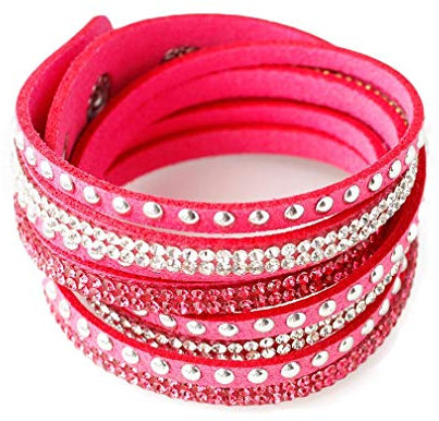 YAZILIND Bracelet en Cuir avec Strass et Perles Multicolores, Bracelet jonc, Bracelet Multicouche à Breloques Bijoux pour Femmes Rose Rouge