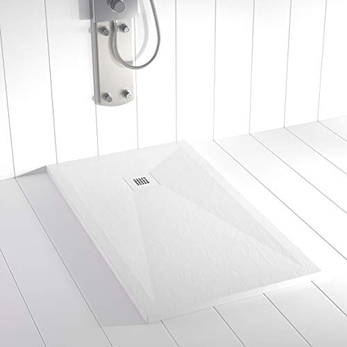 Piatto doccia in resina PLES Bianco (griglia colorata) - 70x100– Texture ardesia – Antiscivolo – Include griglia e sifone