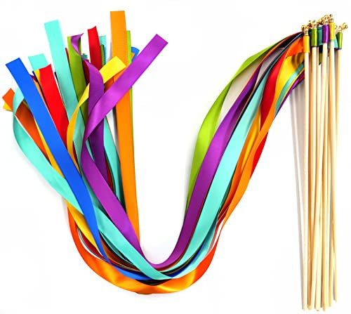 Zauberstäbe mit Band Glocken,10 Stück Luftschlangen Seide Fee Stick,Wedding Twirling Streamers Ribbon Wedding Wands Stick für Hochzeit Partys Babypartys Geburtstag Urlaub Feiern Weihnachten,Regenbogen