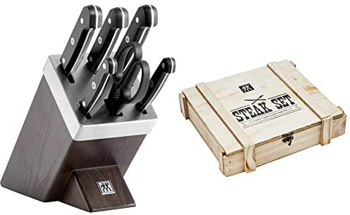 ZWILLING Bloque de Cuchillos Auto-Afilables de 7 Piezas Con Bloque de Madera + Juego de Cubiertos para Bistec de 12 Piezas (6 Cuchillos y 6 Tenedores) para 6 Personas