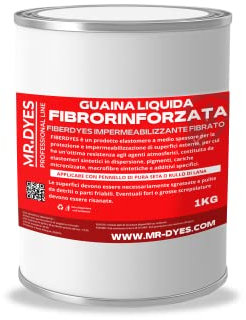 FIBERDYES Guaina Liquida Fibrorinforzata Impermeabilizzante Monocomponente, Gomma Liquida, Membrana Impermeabilizzante, Vari Colori, Formati 1 Kg, 6 Kg, 20 Kg. (1 KG, BIANCO)