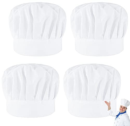 4 Piezas Gorro de Chef para Hombre Mujer Blanco, Gorros de Cocinero Hombre Mujer Elástico Ajustablegorro Cocinero para Adulto Adecuado para Cocina Panadería Restaurante Hotel