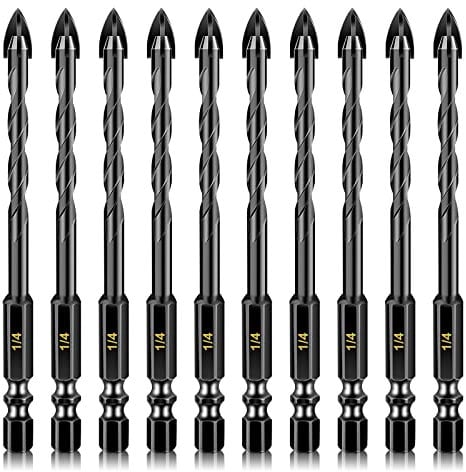 10 Pack 1/4 Concrete Drill Bits, Masonry Drill Bit Set, 6mm Tungsten Carbide Drill Bit Set for Tile/Ceramic/Glass/Mirror/Brick/Plastic/Cement, 1/4 Quick Change Hex Shank, in Carrying Case