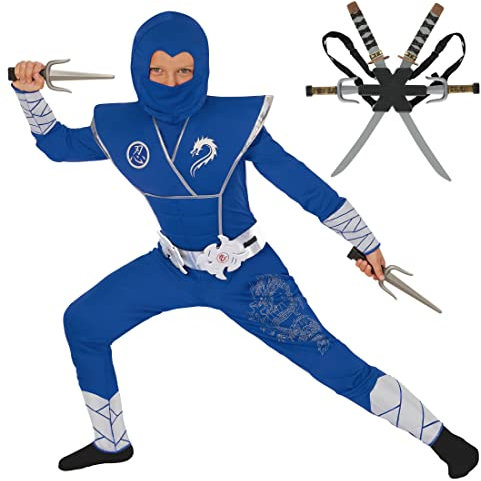 Morph Deluxe Blue Ninja Costume for Kids - Boys Halloween Ninja Outfit with Toy Swords - Toddler Dress-Up, 7-9 Years