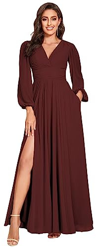 vintys Women's V-Neck Bridesmaid Dresses with Long Sleeves Split Pleats Chiffon Formal Evening Party Dress for Wedding VT001, Burgundy, 24 Plus