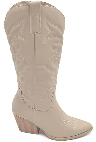 Malu Shoes Stivali texani camperos donna lavorati beige chiaro al ginocchio con tacco 7 cm western tinta unita moda zip (36 EU)