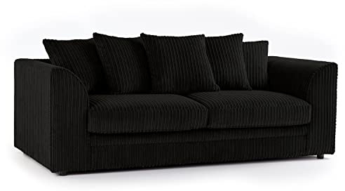 New Luxor Black Fabric 3 Seater Sofa | Jumbo Cord Scatter Back Settee (Black, 3 Seater)