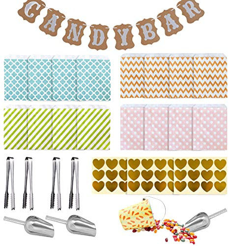 46pcs Candy Bar Accesorios Set,4 Pinzas de Pinzas Hielo Inoxidable 2 Pala Hielo 36 Bolsas Papel de Caramelo 3 Pegatinas 1 Candy Bar Banner,Candy Bar Decoracion Bodas,Cumpleaños,Fiesta de Vacaciones