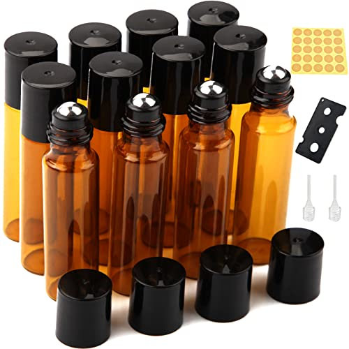 DKBT Roll on Glasflaschen für ätherisches öl Roll on öl Flasche Leer Rollon Flaschen für öle mit Edelstahl-Roller Ball ätherische öle Roll on für ätherische Öle (Braun 12 Stück)