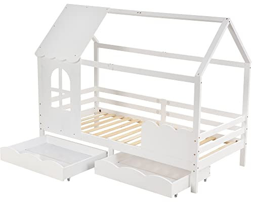 Hausbett Kinder,Kinderbett,90X200Cm Mit Schubladen Ohne Matratze,Vielseitiges Holz Kinderbett FüR Jungen & MäDchen,Mit Rausfallschutz,Mit Rausfallschutz Fenster Und Lattenrost