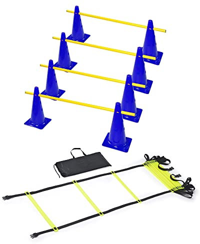 RHINOS sports Agility Trainings-Set | Koordinationsleiter 4m inkl. Tasche + Steckhürdenset 4er | 8 Blaue Kegel: 30cm | 4 gelbe Stangen: 1m