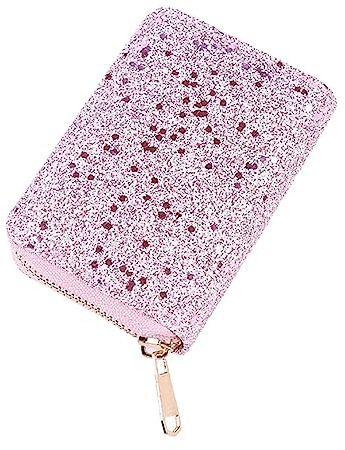 Porte-Cartes de crédit en Cuir synthétique pailleté avec Fermeture éclair - pour Femme et Fille - Rose