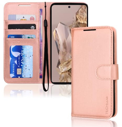 TECHGEAR Etui Portefeuille en Cuir Google Pixel 8 Pro, Housse Flip Protect avec Porte-Cartes, Support et Dragonne - Cuir PU Or Rose avec Fermeture Magnétique Conçu pour Google Pixel 8 Pro