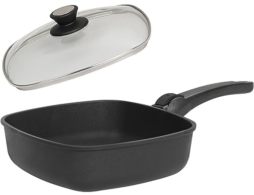 SKK 2-tlg. Viereck-Bratpfanne 20x20 cm - ohne Induktion - beschichtete Guss Schmorpfanne Stiel abnehmbar & Deckel mit Edelstahlrand - Made in Germany