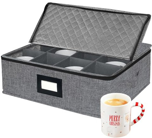 VERONLY Porte-tasses à café avec séparateur, rangement avec couvercle et poignées, boîte de rangement pliable pour 12 tasses à café, mug, gobelets, empilable (gris foncé)