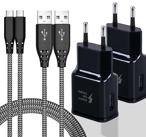 (2er Pack) USB Ladegerät Stecker mit 2M Ladekabel Nylon Für Samsung Galaxy S21 FE, S20 Plus, S10+, S9, S8, Note 10, 9, 8, Z Filp3/4, A54, A53, A52, A51, A16, A15, A14, M40, M54, M53, Netzteil USB C