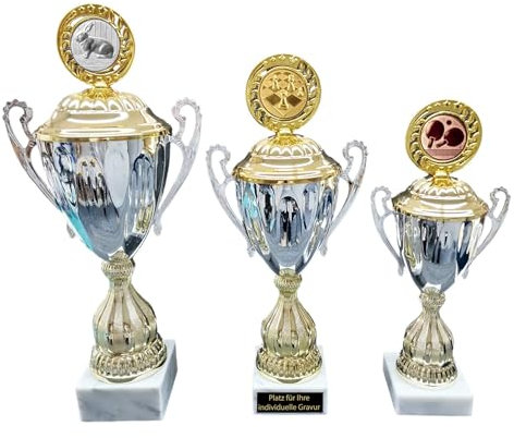 eberin · Metall Pokal Manuel Silber/Gold · Pokal mit Deckel · Sockel aus Marmor · Pokal mit oder ohne Gravur · in 3 Größen erhältlich (41cm)