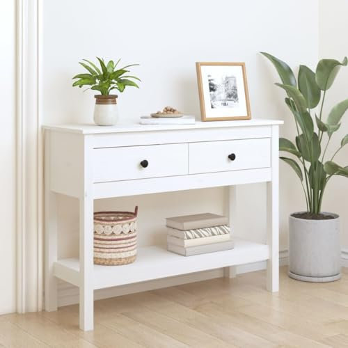Higsose Console Bois en Pin Massif avec Tiroir - Table d'Entrée Blanc 100x35x75 cm pour Salon