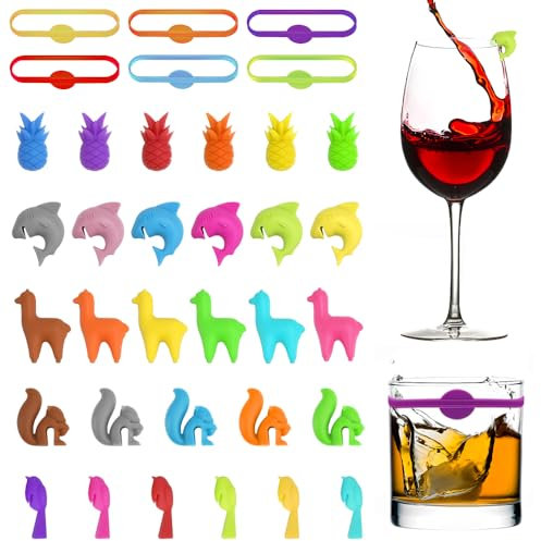 SLTAXAR 41PCS Marque Verre à Vin Marqueurs Verre en Silicone Colorés Marqueurs de Verres à Vin Réutilisables Marqueurs Bière Marqueurs de Tasse Réutilisable Identificateurs de Verre pour Déco de Fête