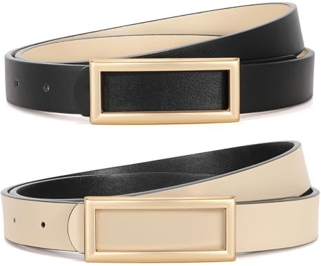 SUOSDEY Modischer Ledergürtel für Damen, Wendbarer Schmaler Gürtel für Jeans Hosen Kleid mit Quadratischer Goldener Schnalle schwarz/beige