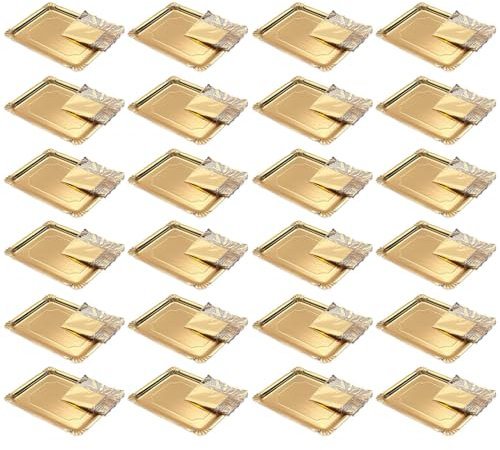 Tradienur - Pack de 24 bandejas y blondas rectangulares - Fabricación de cartón que incluyen blondas caladas 100% reciclables - Apto para uso alimentario - 38 x 31 cm - Color Dorado