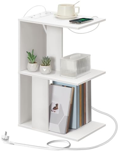 MAHANCRIS Table Basse avec Station de Charge, Table d'Appoint en Forme de C avec Lampe à Capteur LED Rechargeable, pour Chambre, Salon, Salle d'étude, Gain de Place, Blanc AETWT18UE01