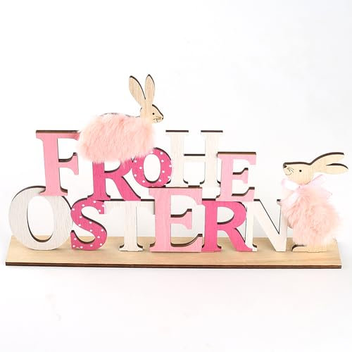 YIEUR 1 Stück Ostern Schriftzug Holz groß Aufsteller mit Osterhasen Figuren, 30cm Ostern Hase Filz Schriftzug Deko, Osterdeko Hasen Osterhasen Holz Hinstellen für Draußen Tischdeko Garten Deko (rosa)