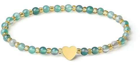 MetJakt Handgemachter Naturstein Perlenarmband 4MM Mini Stretch Armband Energiearmbänder 18k vergoldet Herz Armbänder für Damen Damenschmuck Echtes (Grüner Achat)