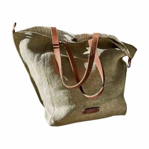 Loberon Tasche Soleil, grün/braun | mit Kleiner Innentasche - Gestreiftes Innenfutter - mit Magnetverschluss - Shopper - Henkeltasche - Accessoire