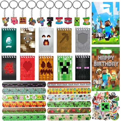 KEVRDRT Jeu Vidéo Fête Anniversaire, Cadeaux pour Enfants avec Porte Clés, Sacs de Fête, Bracelet Claque, Carnet, Stickers pour Miner Party Faveurs