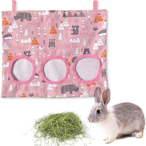 BLPRKOT Kaninchen Heutasche Meerschweinchen Futterstation Futterspender Kleintiere Heutasche Futtersack für Hase Chinchilla Hamster Kleine Tiere 3 Fenster (L