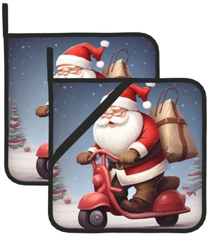 Lot de 2 maniques de cuisine résistantes à la chaleur avec boucle de suspension Père Noël sur scooter - Imperméables - Épais - Antidérapants - Pour cuisine, pâtisserie, barbecue - 20,3 x 20,3 cm