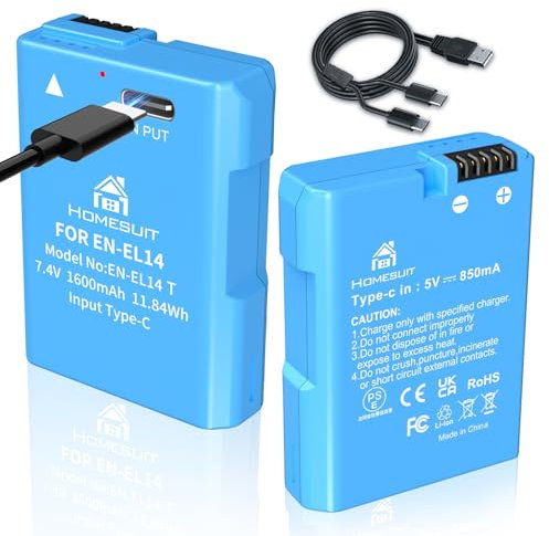 Homesuit EN-EL14 EN-EL14a Battery 1600mAh and 2-in-1 Type-C Charging for Nikon D5600 D3300 D3500 D5100 D5500 D3100 D3200 D5200 D5300 Coolpix P7000 P7100 P7200 P7700 P7800 Camera (2-Pack)