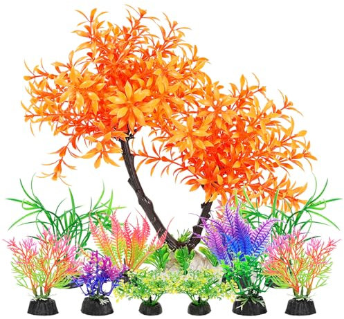 AQUANEAT Artificial Aquarium Plants, Fish Tank Orange Tree Decoration Set, Plastic Accessories, 11pcs