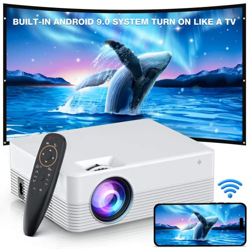 Mini Proiettore con sistema Android 9.0 integrato, proiettore WiFi Bluetooth, supporto 1080P, proiettore intelligente da 6000 lumen, Proiettore Portatile Projector con USB per film home cinema