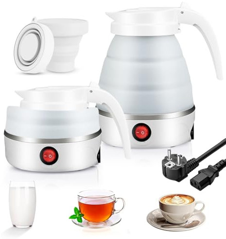 Faltbarer Wasserkessel, 0.6L Camping Tragbarer Wasserkocher mit 2 Faltbaren Becher, Elektrischer Silikon Wasserkocher mit 304 Edelstahlboden Silikon Reisewasserkocher für Camping, Reise, Outdoor(Weiß)