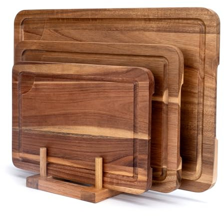 Set de 3 Tablas de Cortar de Madera de Acacia con Ranura para Jugo, Soporte y Cuchillo de Frutas Incluidos, Tabla de Cortar Doble Cara para Carne, Verduras y Queso.