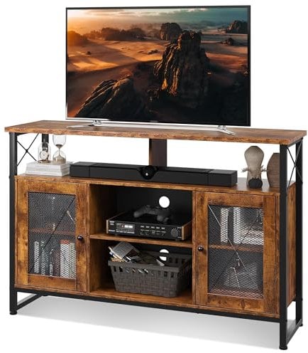 WLIVE TV Stand, TV Unit for 55 Inch TVs, Rustic Brown Tall TV Unit Cabinet 128 x 36 x 82 CM, TV Stand with 2 Doors, Buffet Table, Sideboard, for Living Room, Wooden Industrial TV Console