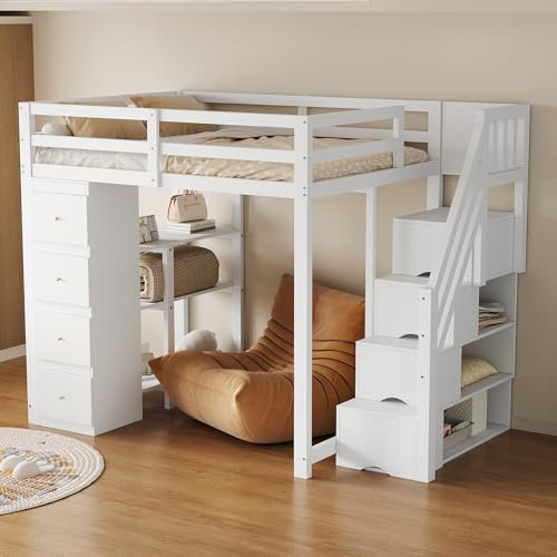 KecDuey Hochbett 140x200cm mit Aufbewahrungsschublade mit Regalen, Etagenbett,Sicherheits-Kletterleiter mit Lattenrost, Multifunktionales Massivholzbett, Kinderbett Jugendbett