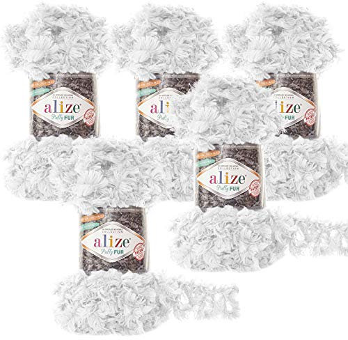 5 x 100g Strickgarn ALIZE Puffy Fur Uni, Fransenstrickgarn Fingerstrick-Wolle ohne Nadel Farbwahl, Farbe:6100 weiß