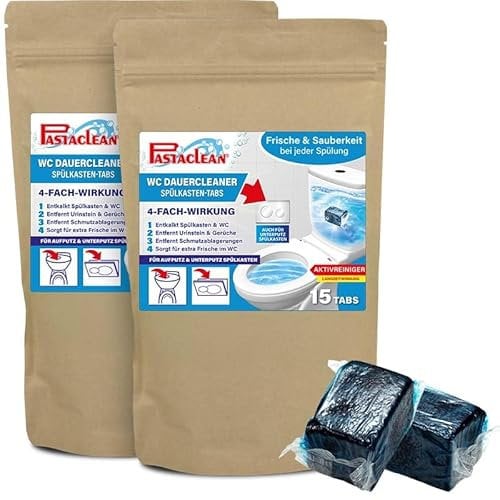 PASTACLEAN Spülkasten Tabs (30 Stück) Wasserkastenwürfel mit Aktivreiniger, Entkalkt Spülkasten & WC, Entfernt Urinstein & Gerüche, Für Aufputz & Unterputz Spülkasten, Made in Germany