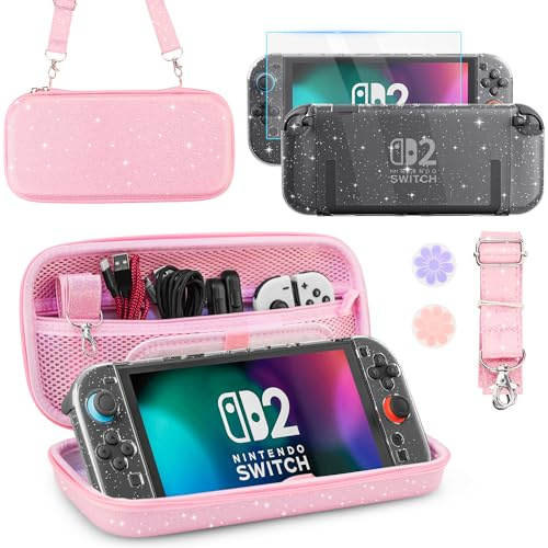 PAWDIARY Pink-Glitter Switch 2 Accessories Bundle, with Portable Carrying Bag for Nintendo Switch 2, Hardshell Flash Switch 2 Protective Case, HD Screen Protector, Shoulder Strap & 2 Thumb Caps
