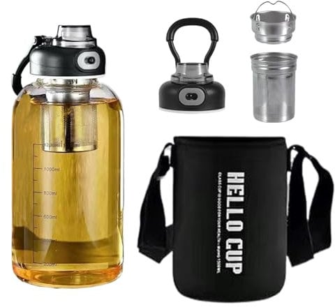 Trinkflasche Glas Flasche Mit Teesieb,Tragbarkeit 1.5Liter Trinkflasche Mit Schutzhülle Auslaufsicher,Einzigartiges Loc-Cap-Design,Wiederverwendbar Glasflasche(2 Drinking Ways) für Wasser Getränken
