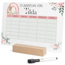 Nord-Kind® Acryl-Stundenplan personalisiert, abwischbar – Regenbogen 2 | Mit Wunschname, 30 × 21 cm, inkl. Whiteboard-Stift; für 1. Klasse, Grundschule und Einschulung; optional mit Holzsockel.