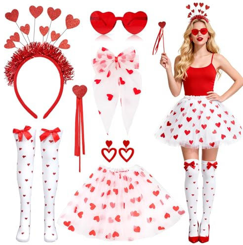 7 Stück Amor Kostüm Set für Damen, Romantisch Amor Kostüm Accessoires Kit mit Rot Herz Haarreif Feenstab Brille Ohrringe Haarnadel Tüllrock Socken für Valentinstag Karneval Cosplay Mottoparty