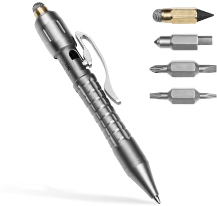 Tacray MP1 Titanium Multitool Pen – Mini EDC Pocket Pen with Replaceable Tool Heads, Box Cutter, Tungsten Tip, Screwdrivers, Pencil & Stylus for Everyday Carry (Grey)