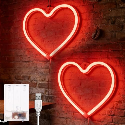 2 Stück Rot LED Herz Schilder, Neon-Herz USB/Batteriebetrieben Neonlicht Valentinstag Liebe Lampe LED Schild Neon Sign Leuchtreklame für Hochzeit Mädchen Frauen Zimmer Wanddekoration, Weihnachten Deko