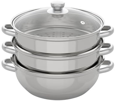 PBTERDTF 3-stufiger Dampfgarer aus Edelstahl mit Glasdeckel 28cm Dampfgarer Topf für Induktionsherde, Gasherde Küchenutensilien Stapelbar Dampfkocher für gleichzeitiges Dämpfen Suppe, Nudeln, Fische