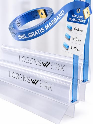 LOBENSWERK Duschtürdichtung mit stabiler Gummilippe [4-5mm | 5-8mm | 9-10mm] Duschdichtung 100% wasserabweisend | Dichtung Dusche Glastür, anti UV-, Schimmel & Vergilbung inkl. Maßband