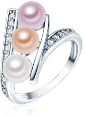 Valero Pearls Damen-Ring Hochwertige Süßwasser-Zuchtperlen 6-7 mm Button weiß/apricot/flieder 925 Sterling Silber - Perlenring Cocktailring
